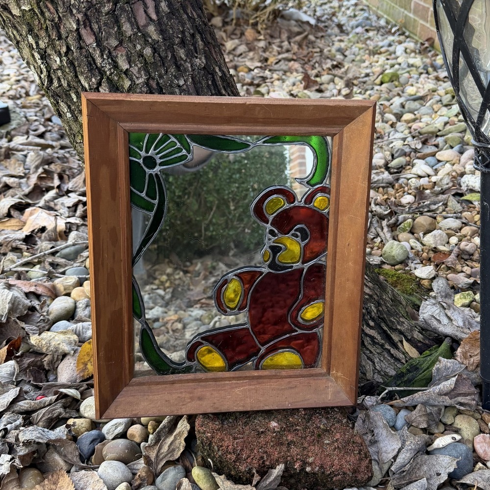 Charming VTG Stained Glass Teddy Bear Mirror‎ Wooden Frame Wall Decor Art Baby